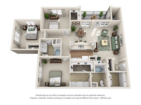 Floor plan for 3 beds, 2 baths, 1429 sqft